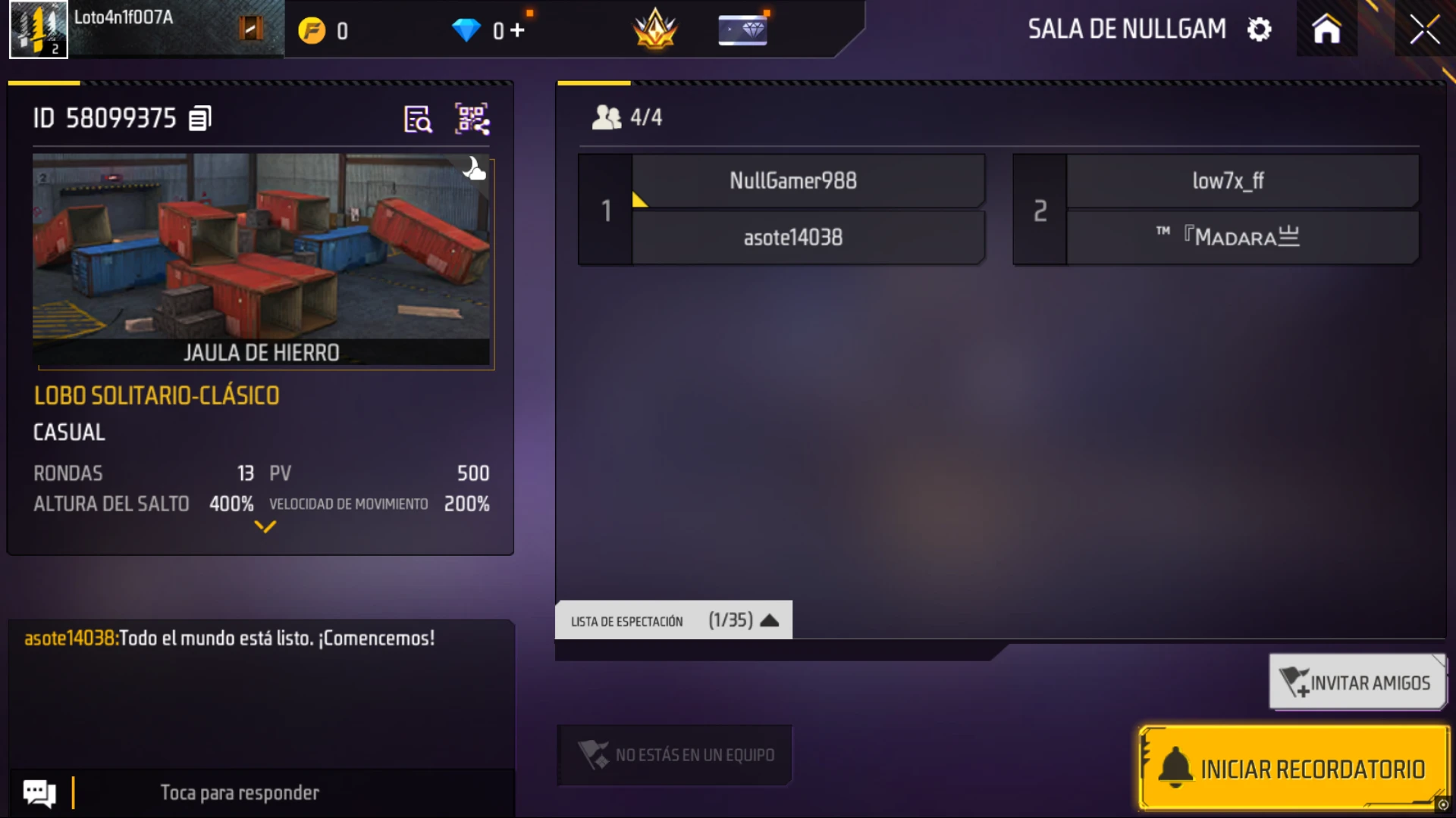 Sala personalizada de Free Fire en torneo